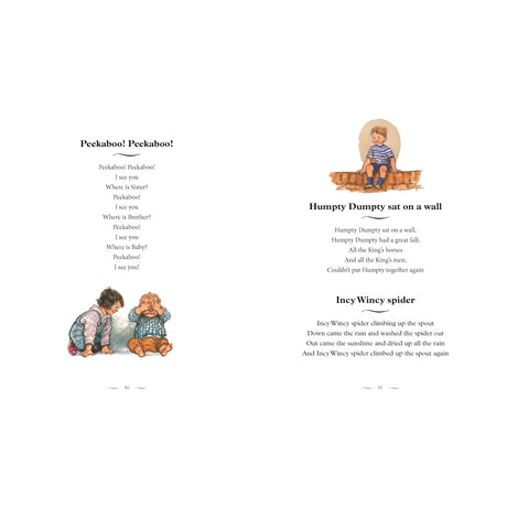 Illustrated children's book pages featuring Peekaboo, Humpty Dumpty, and Incy Wincy Spider nursery rhymes.