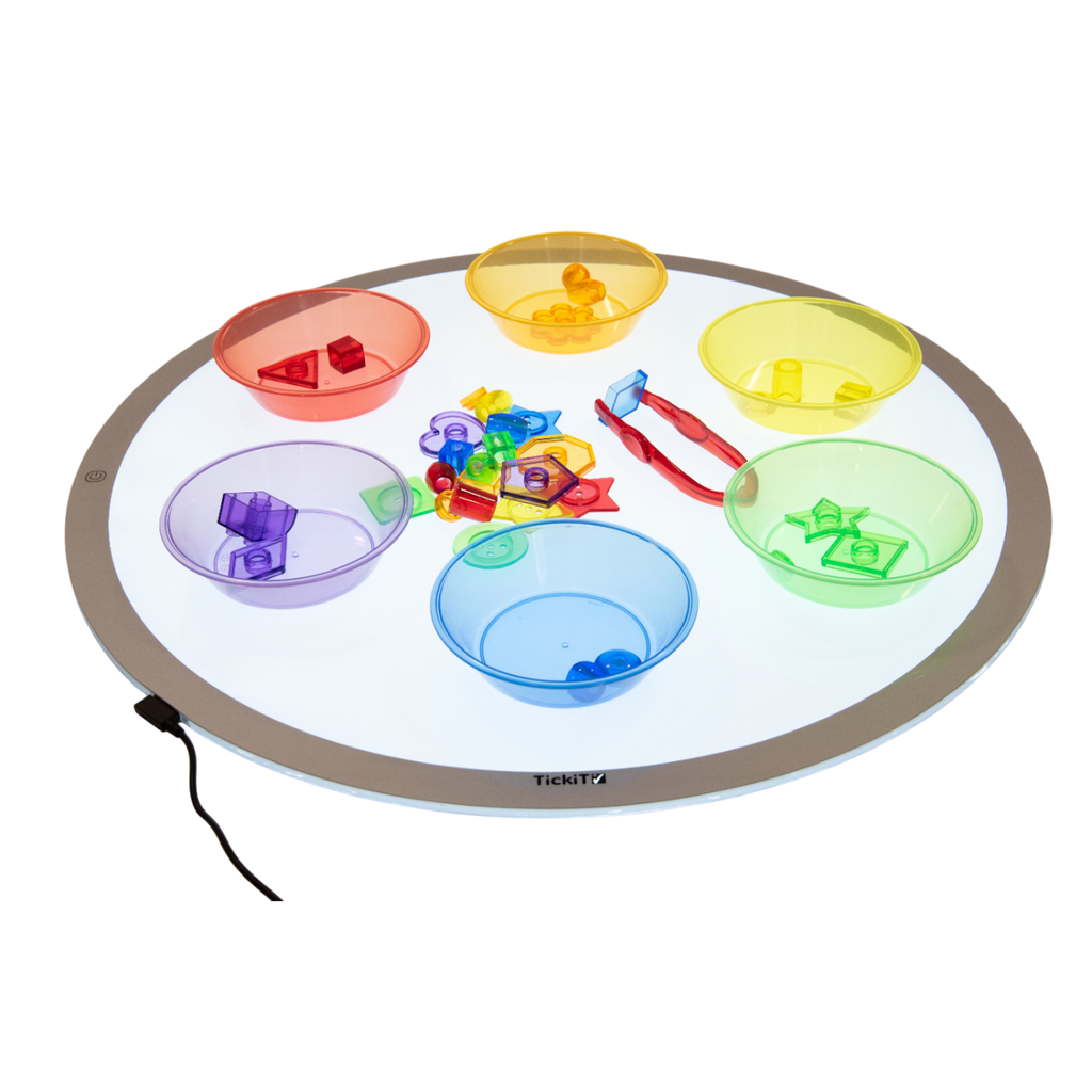 A circular LED panel with adjustable brightness and color-changing options, ideal for sensory play, color exploration, and interactive learning.