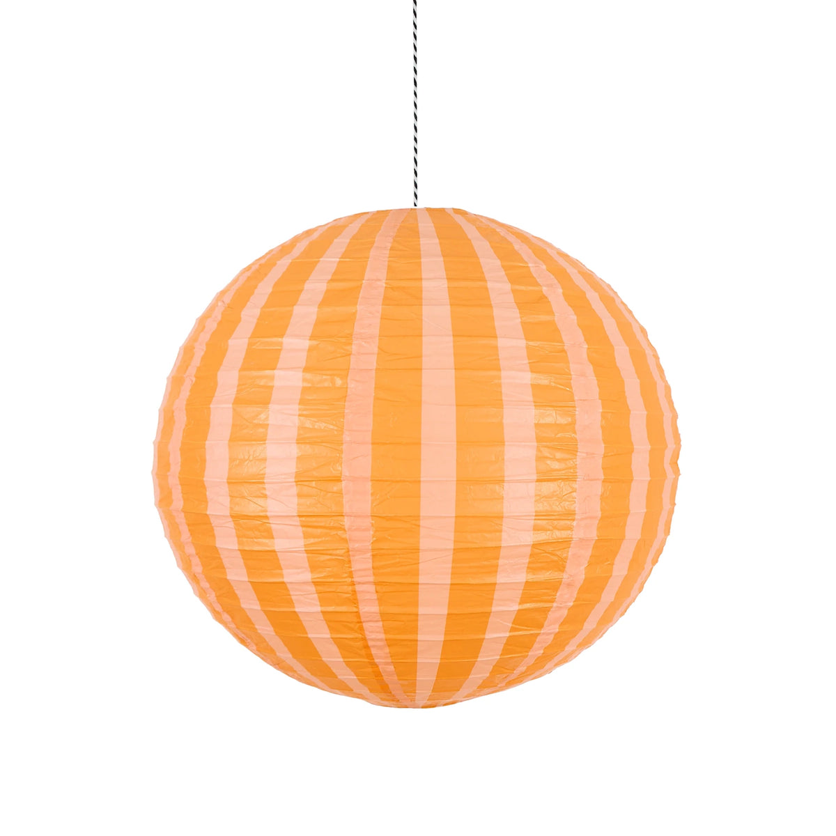 Hanging spherical paper lantern featuring orange and peach vertical stripes on a white background.