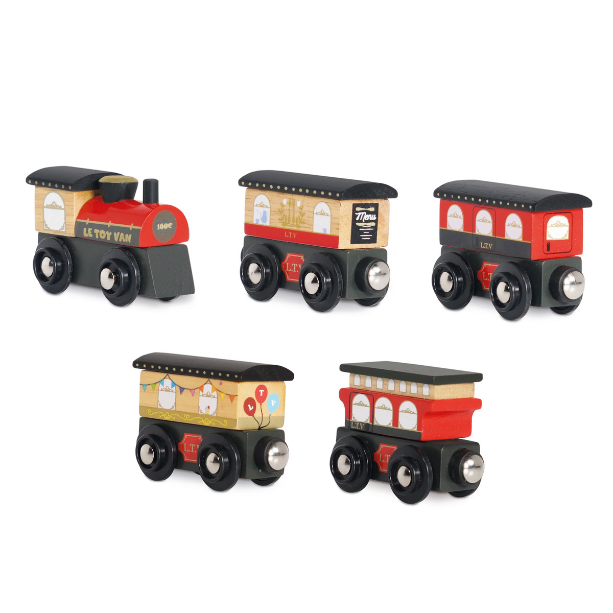 Five colorful wooden toy train cars featuring vintage designs, including a red engine and diverse passenger carriages, evoke a playful, nostalgic vibe.