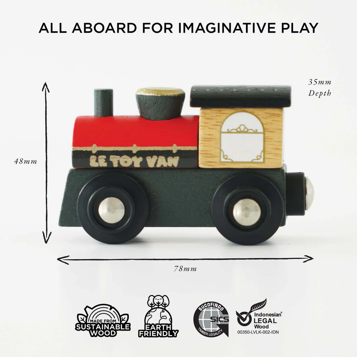 Three sets of colorful miniature trains in boxes labeled "Le Toy Van." Text reads "Beautifully Packaged for Gifting" and "100% Recyclable Packaging."