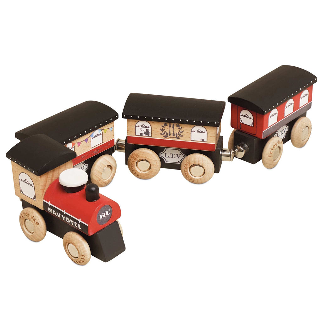 Wooden toy train with a red engine and three brown cars. Each car has detailed window decals and wooden wheels, evoking a playful, vintage charm.
