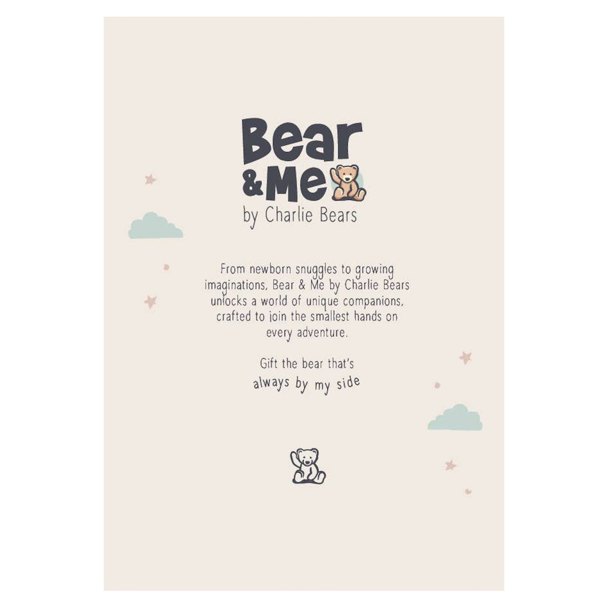 Text card reading "Bear & Me by Charlie Bears" with small teddy bear illustrations, clouds, and stars.