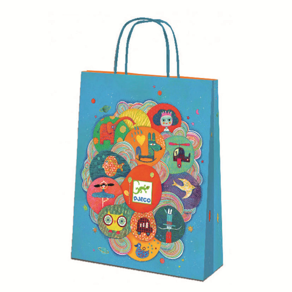 Colorful gift bag featuring playful illustrations and intricate patterns against a vibrant turquoise background.