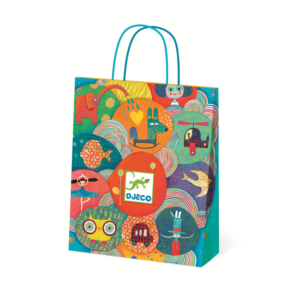Brightly colored gift bag featuring whimsical designs of animals, characters, and the Djeco logo on vibrant circular patterns.