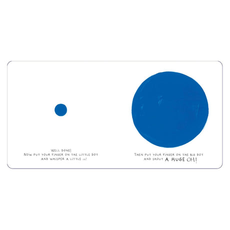 Children's book page with a small blue dot to whisper "oh" and a large blue dot to shout "A HUGE OH!"