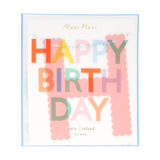 Packaging for Meri Meri Happy Birthday party garland with colorful scalloped paper letter cutouts.