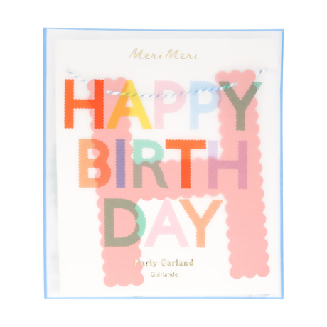 Packaging for Meri Meri Happy Birthday party garland with colorful scalloped paper letter cutouts.