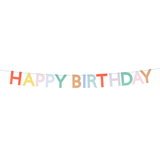 Colorful scalloped paper letters spelling "HAPPY BIRTHDAY" strung together on a thin blue garland string.