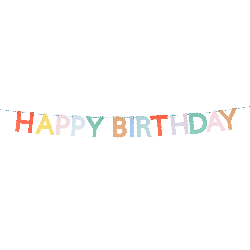 A vibrant paper garland with scalloped edges and bold multicolored 'Happy Birthday' lettering, perfect for festive party decor.