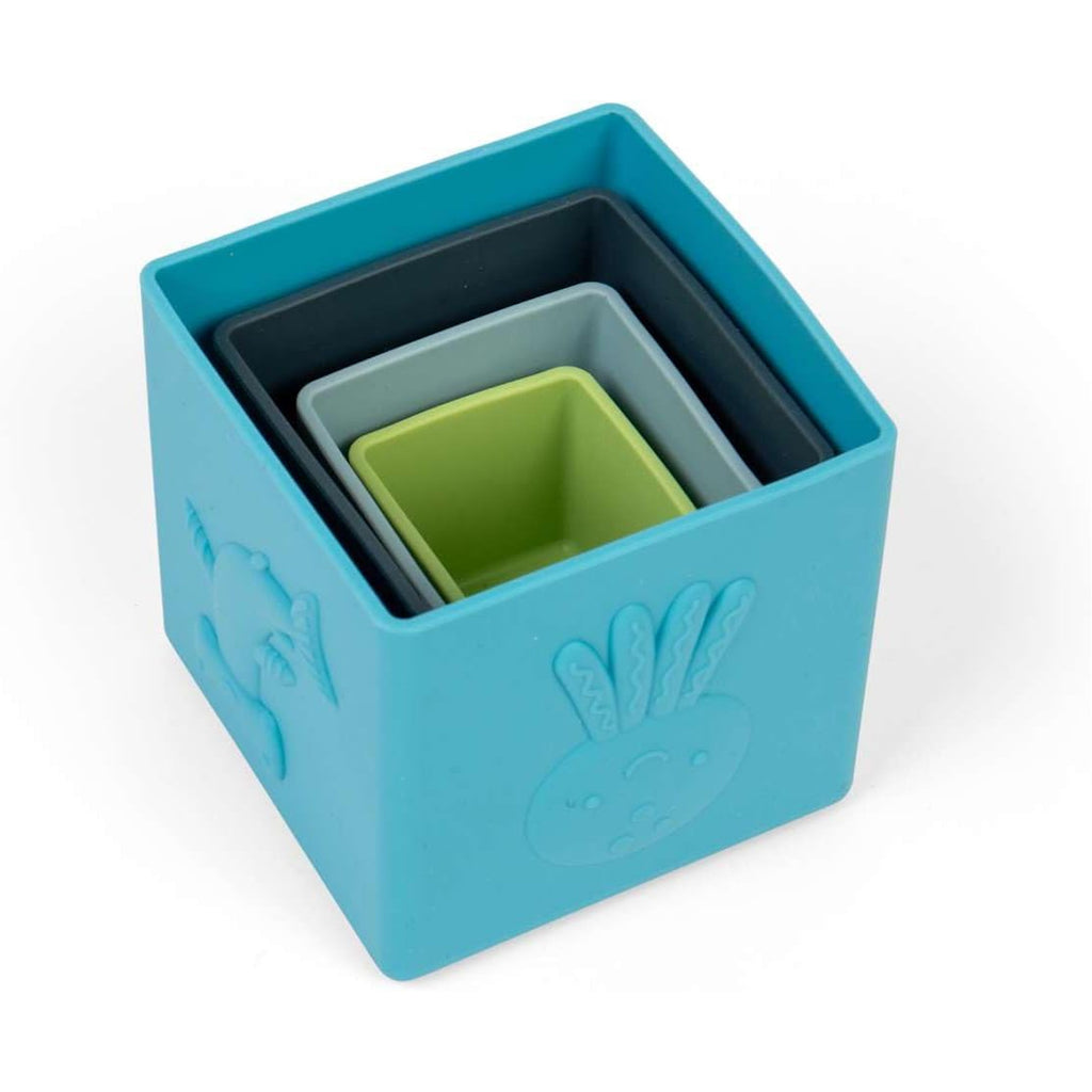Stack of four nesting cubes in blue, black, gray, and green, featuring embossed animal designs. The cubes convey a playful and organized vibe.