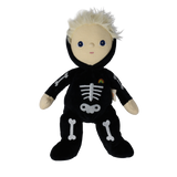 Plush doll with spiky blonde hair wearing a black skeleton suit with white bones, on white background.
