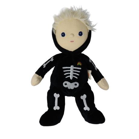 Plush doll with spiky blonde hair wearing a black skeleton suit with white bones, on white background.