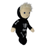 Plush blonde doll in a black skeleton suit shown floating from a three-quarter side view.
