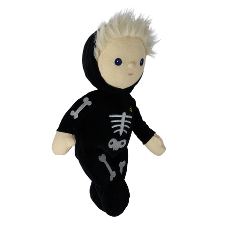 Plush blonde doll in a black skeleton suit shown floating from a three-quarter side view.