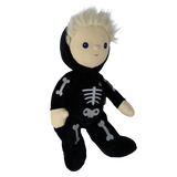 Plush blonde doll in a black skeleton suit shown seated from a three-quarter angle.
