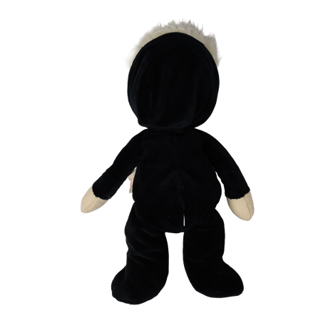 Back view of a plush blonde doll wearing a hooded black skeleton suit.