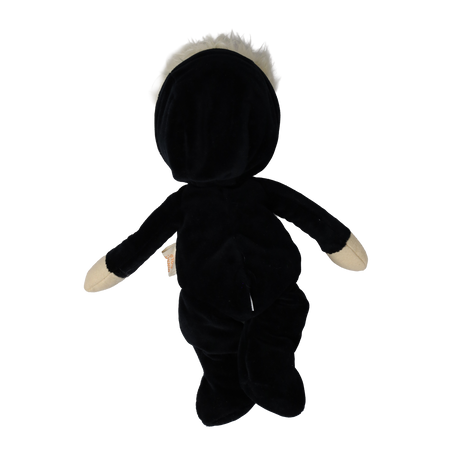 Back view of a plush blonde doll wearing a hooded black skeleton suit with arms outstretched.