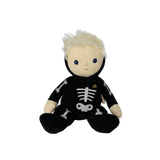Front view of a plush blonde doll sitting down in a black skeleton suit with embroidered bones.