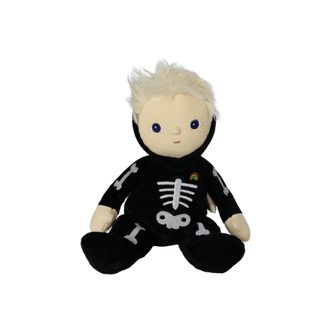 Front view of a plush blonde doll sitting down in a black skeleton suit with embroidered bones.