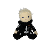 Plush blonde doll wearing a black skeleton suit with the hood down around its neck.