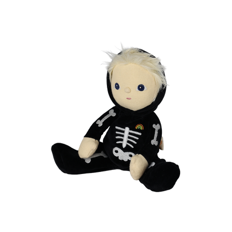 Three-quarter view of a seated plush blonde doll in a black skeleton suit with the hood down.