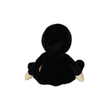 Back view of a seated plush doll wearing a black hooded skeleton suit.