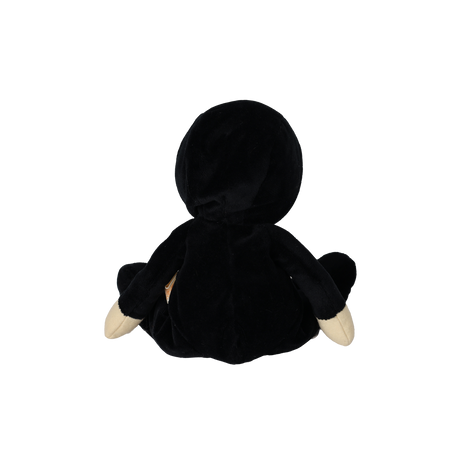 Back view of a seated plush doll wearing a black hooded skeleton suit.