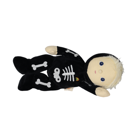 Plush blonde doll in a black skeleton suit lying down horizontally against a white background.