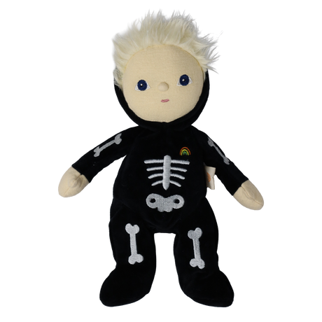 Plush blonde doll wearing a black skeleton bodysuit with embroidered bones and a rainbow patch.