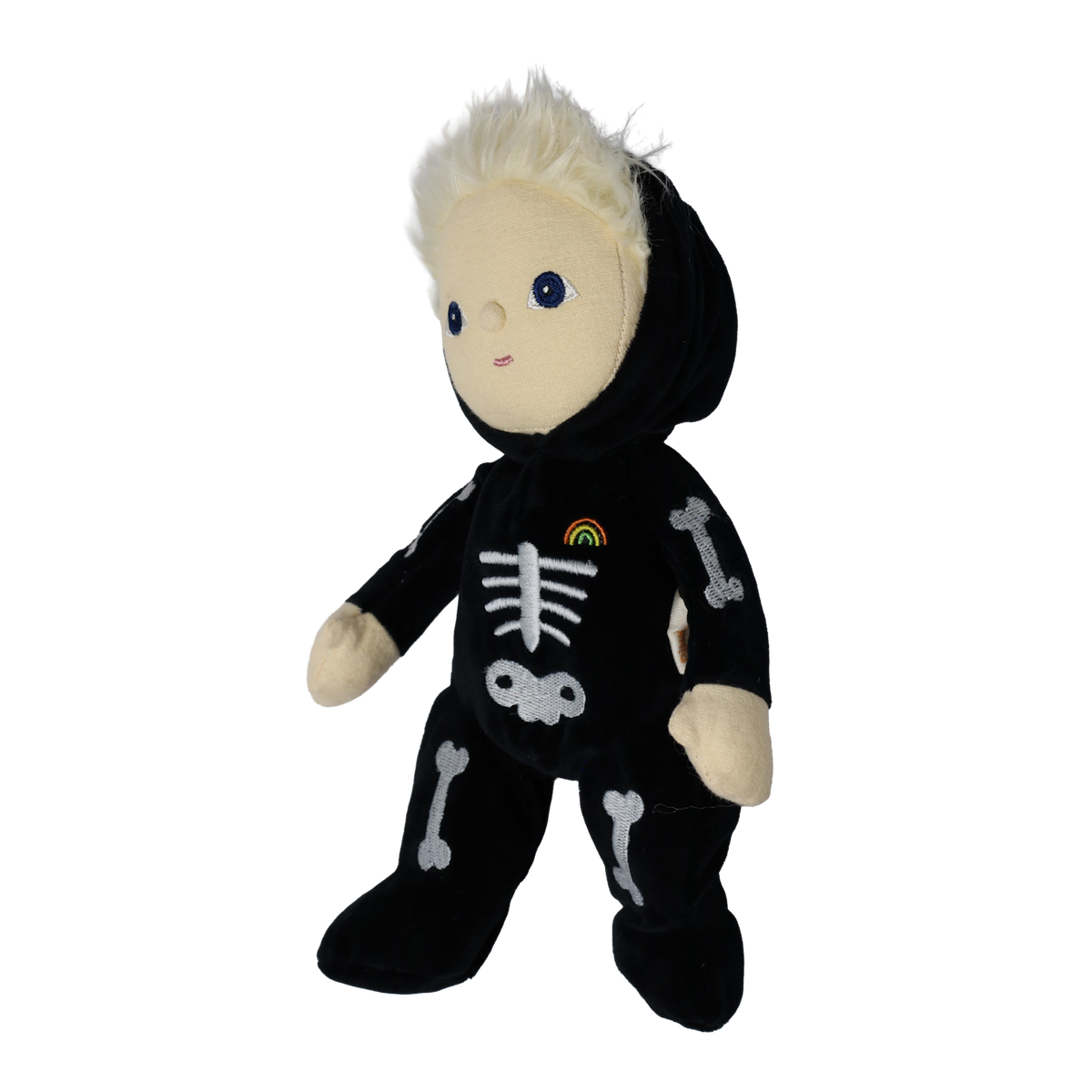 Plush blonde doll in a black skeleton suit shown from a three-quarter side angle.