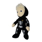 Plush blonde doll in a black skeleton suit shown from a three-quarter side angle.