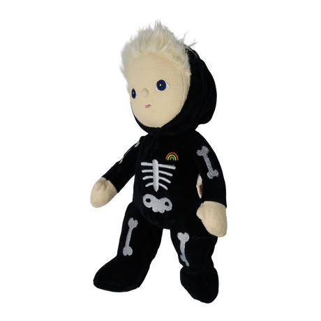 Plush blonde doll in a black skeleton suit shown from a three-quarter side angle.