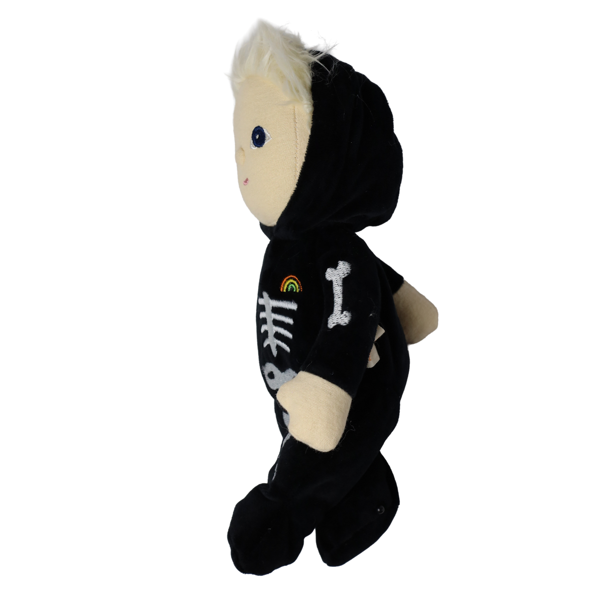 Side profile view of a plush blonde doll wearing a black skeleton suit.