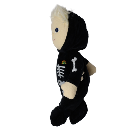 Side profile view of a plush blonde doll wearing a black skeleton suit.
