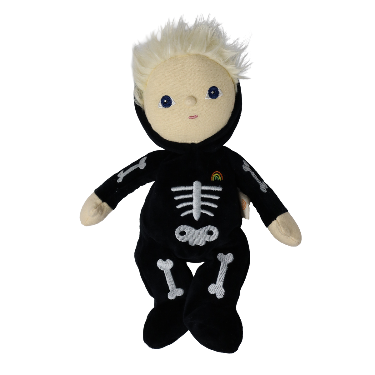 Plush blonde doll in a black skeleton suit with arms outstretched and feet crossed.