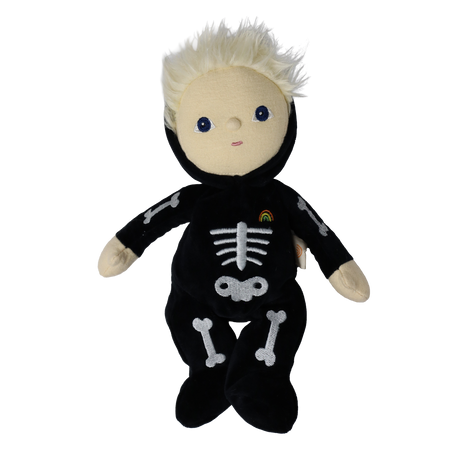 Plush blonde doll in a black skeleton suit with arms outstretched and feet crossed.