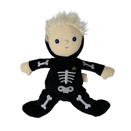 Plush blonde doll in a black skeleton suit sitting with arms and legs spread wide open.