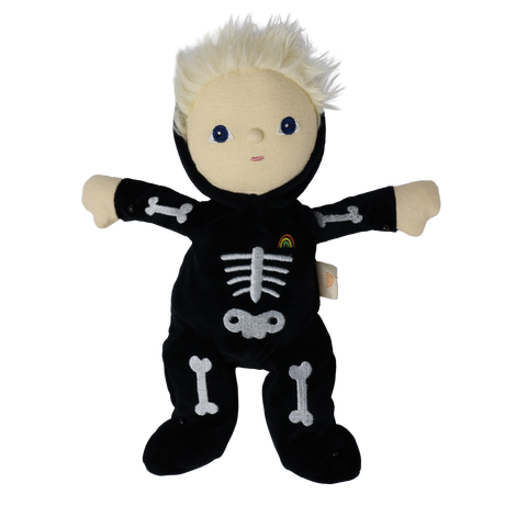 Plush blonde doll in a black skeleton suit with arms stretched out to the sides.