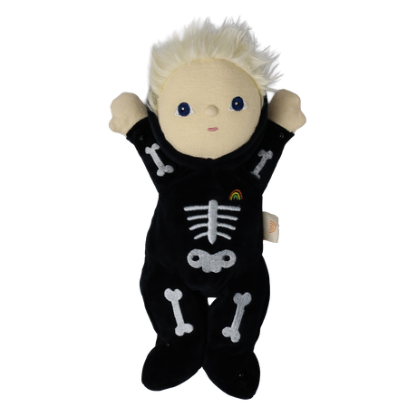 Plush blonde doll in a black skeleton suit with both arms raised straight up in the air.
