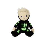 Plush doll with blonde hair wearing a black skeleton suit with light green bones, on white background.