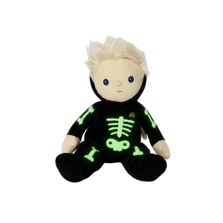 Plush doll with blonde hair wearing a black skeleton suit with light green bones, on white background.