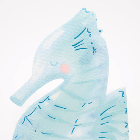 Light blue, seahorse-shaped paper napkin with watercolor texture and dark blue details on a white background.