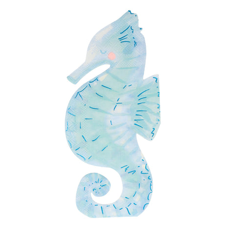 Watercolor illustration of a cute light blue seahorse with a pink cheek on a plain white background.