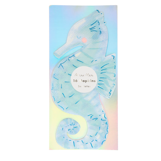 A pack of 16 Meri Meri seahorse-shaped paper napkins with a blue watercolor design.
