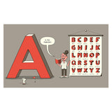Illustration of a large red letter "A" with a speech bubble saying "A is for Alphabet." A person holds a book next to an alphabet chart and a small mouse is nearby with a flag. The mood is educational and playful.