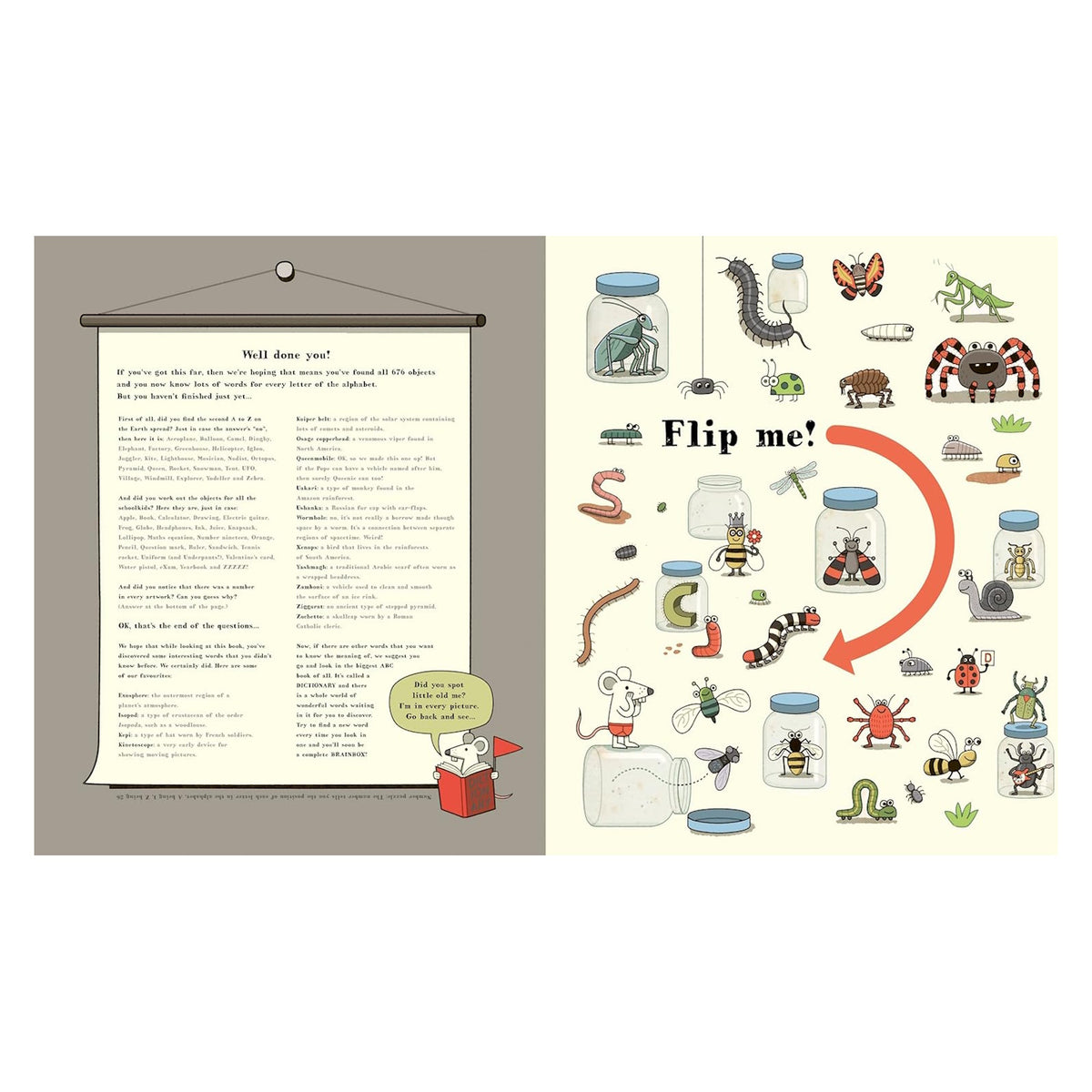 A split-page spread features text on the left congratulating the reader for finding objects. The right shows various insects and animals in jars, with a playful "Flip me!" prompt and arrow, adding a fun, interactive tone.