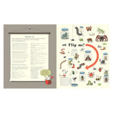 A split-page spread features text on the left congratulating the reader for finding objects. The right shows various insects and animals in jars, with a playful "Flip me!" prompt and arrow, adding a fun, interactive tone.