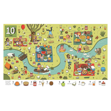 Illustrated picnic scene with animals and people enjoying food by a winding river. Vibrant, busy atmosphere with 10 hidden jelly desserts to find.