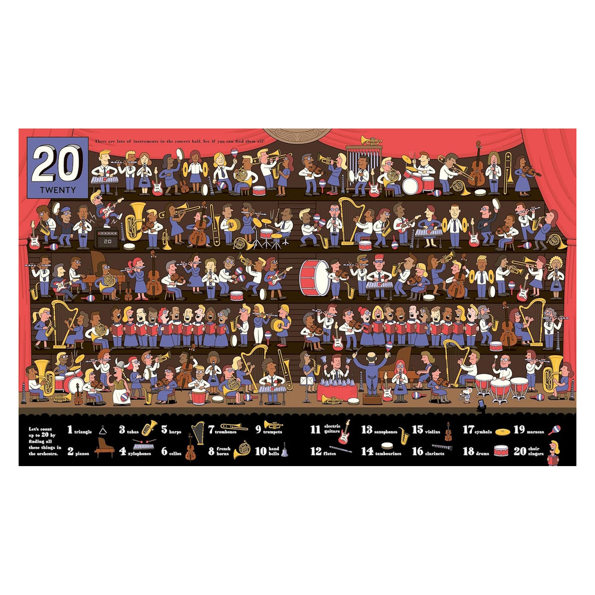 Illustration of a diverse orchestra in a concert hall with various instruments like drums, violins, and trumpets. A whimsical and lively atmosphere.